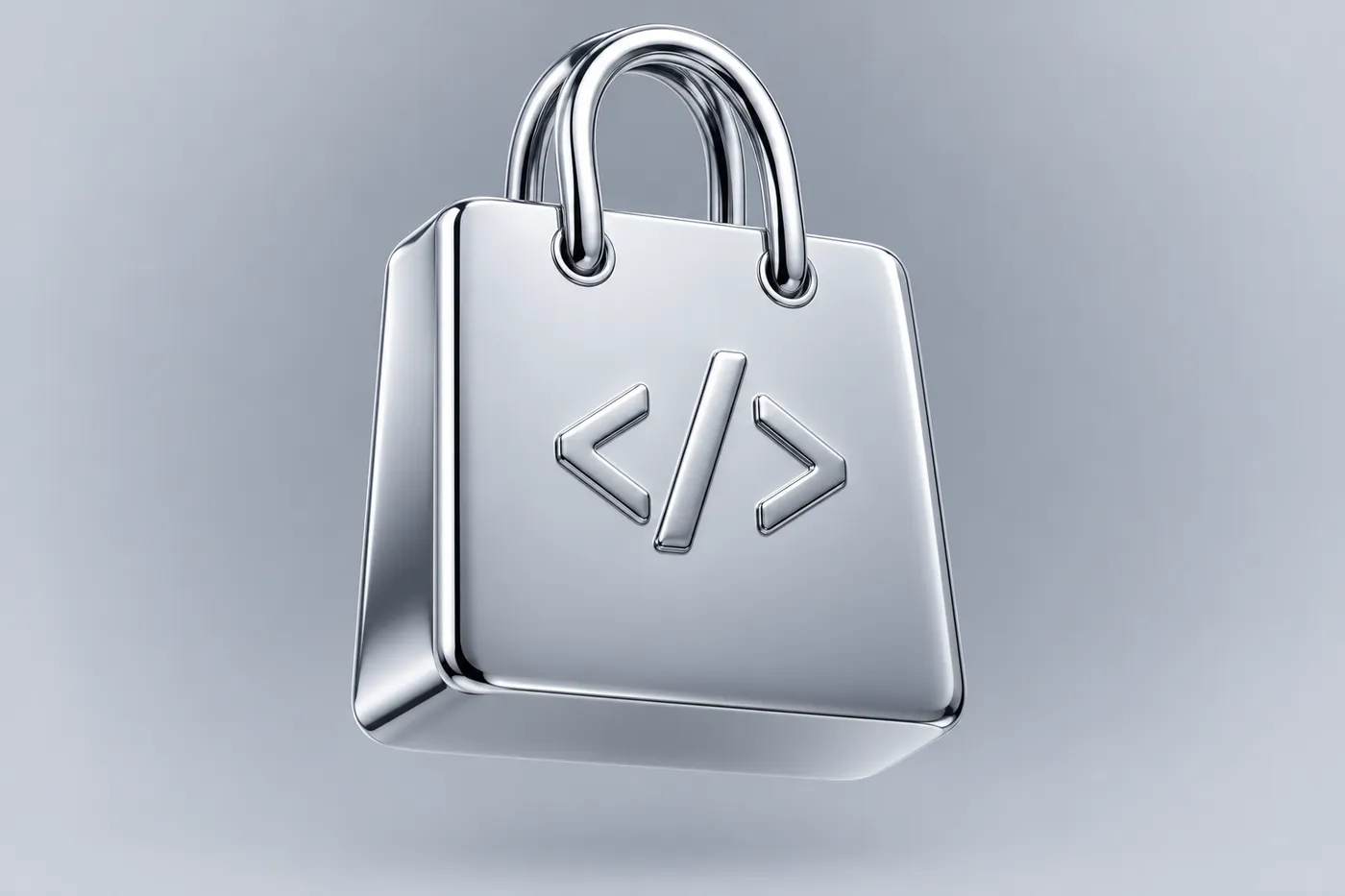A chrome shopping bag with a code symbol, the BlanxerAPI artwork