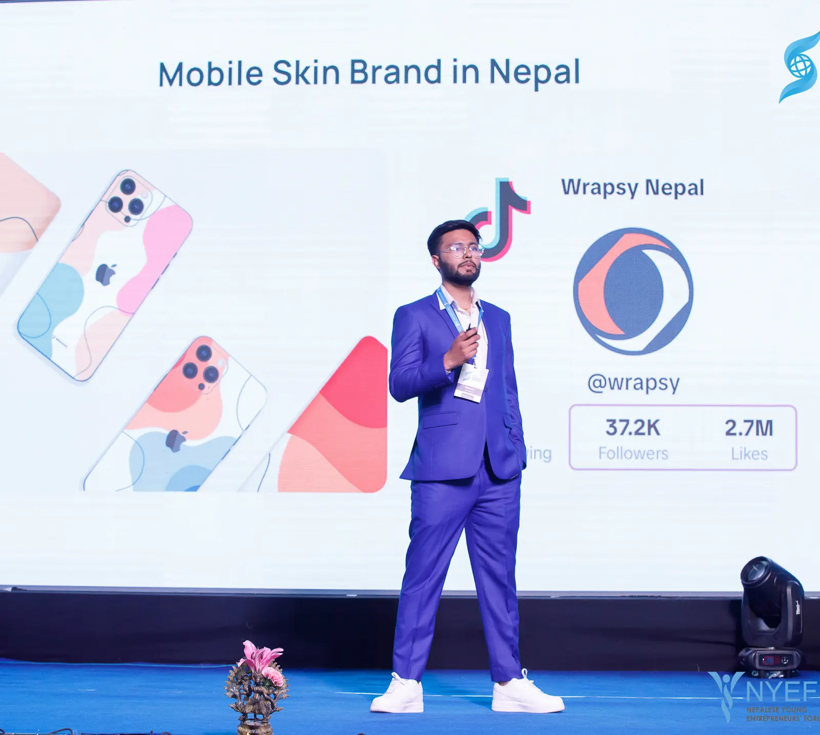 Prashant Phuyal on stage at NYEF, presenting Wrapsy Nepal, the business that led to Blanxer